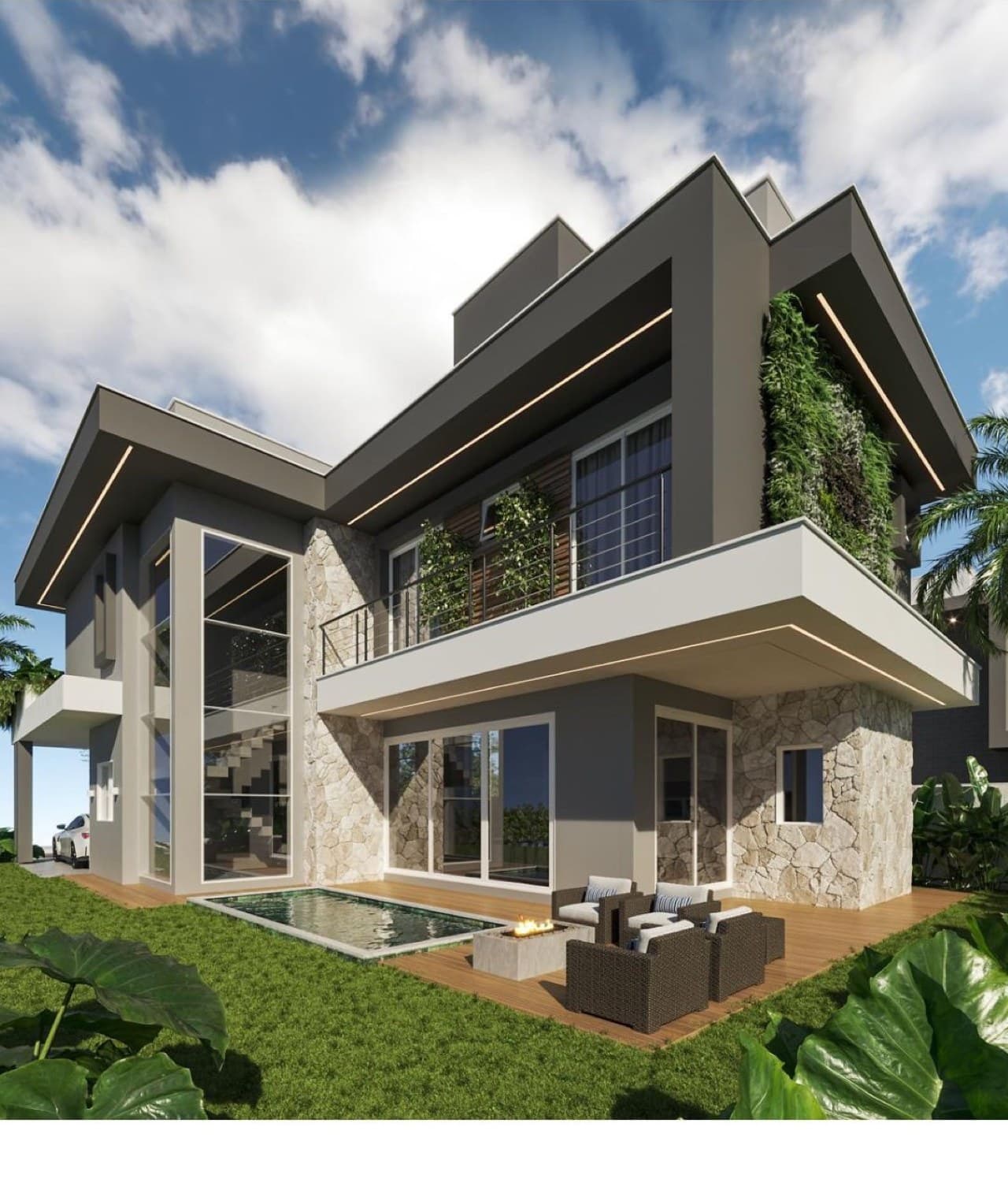Fachada da casa com piscina